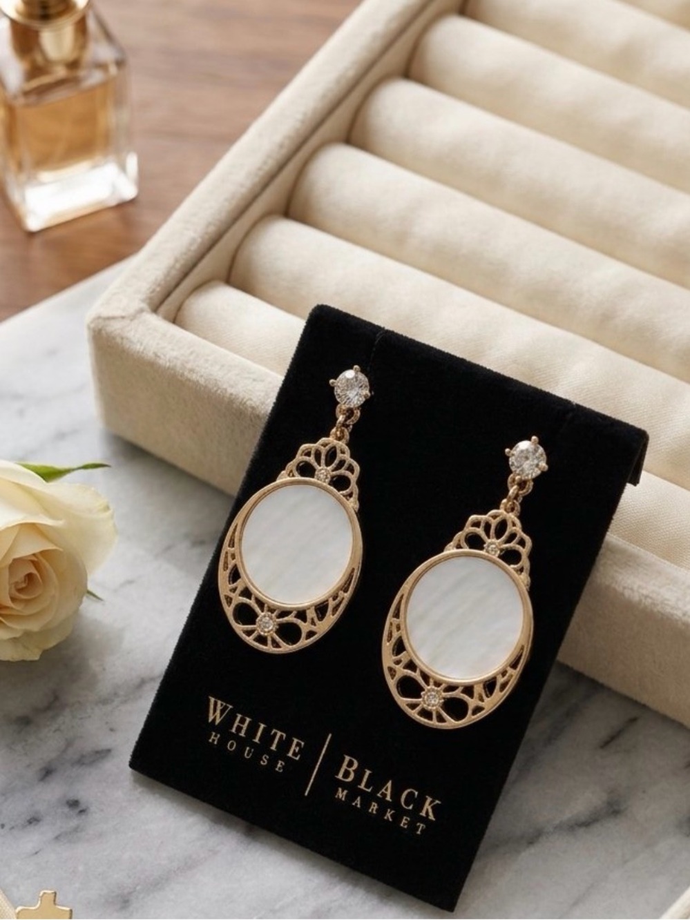 White House Black Market Gold Filigree Drop Earrings with White Mother-of-Pearl